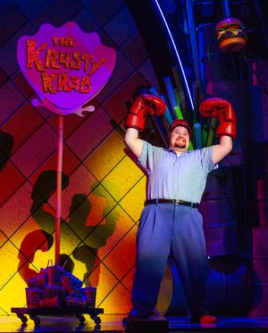 Zach Kononov as Eugene Krabs in The SpongeBob Musical Photo