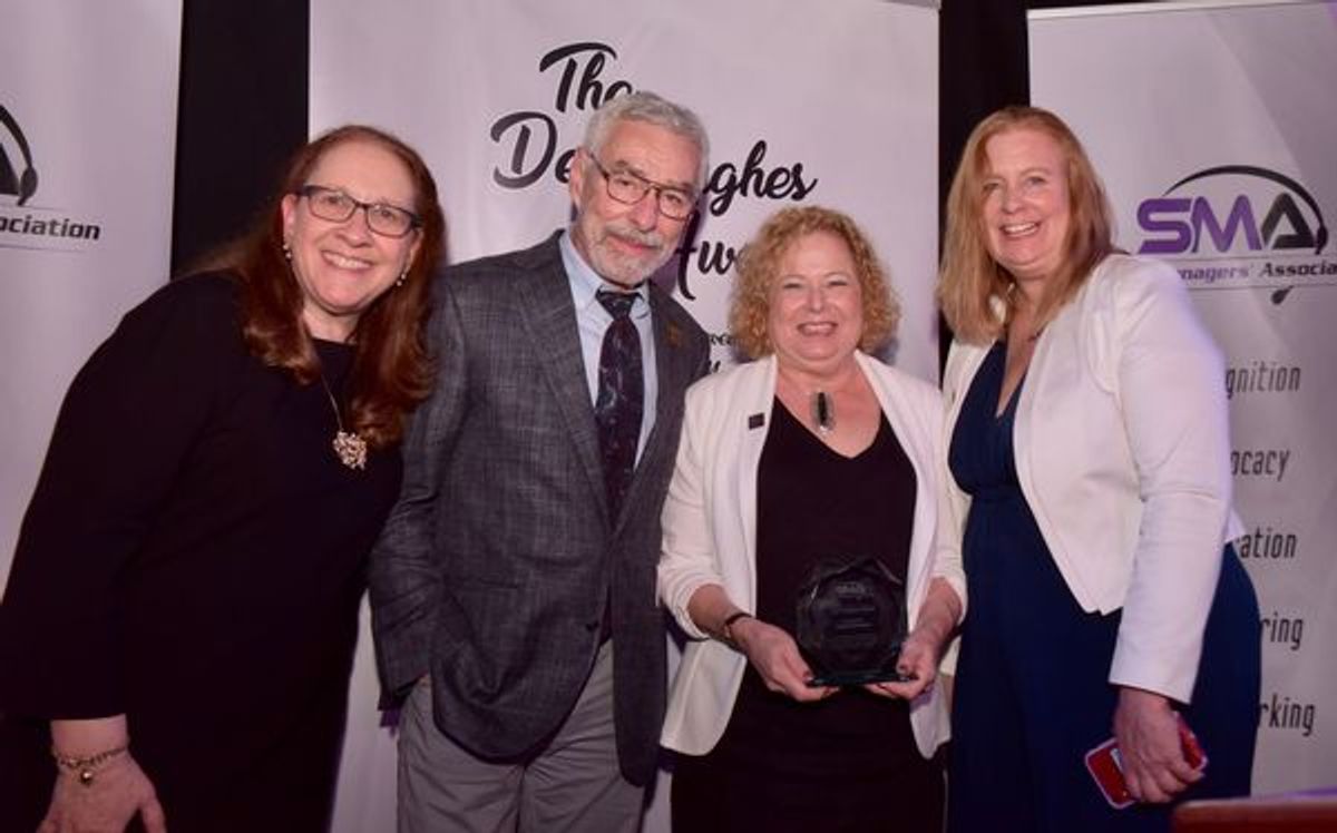 Honoree Janet Friedman with Broadway Production Stage Manager and Past Del Hughes Honoree Arturo E. Porazzi With Del Hughes Event Chair Cheryl Mintz and SMA Chair Elynmarie Kazle at 