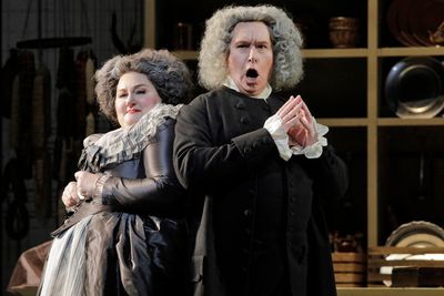 Catherine Cook as Marcellina and James Creswell as Bartolo Photo