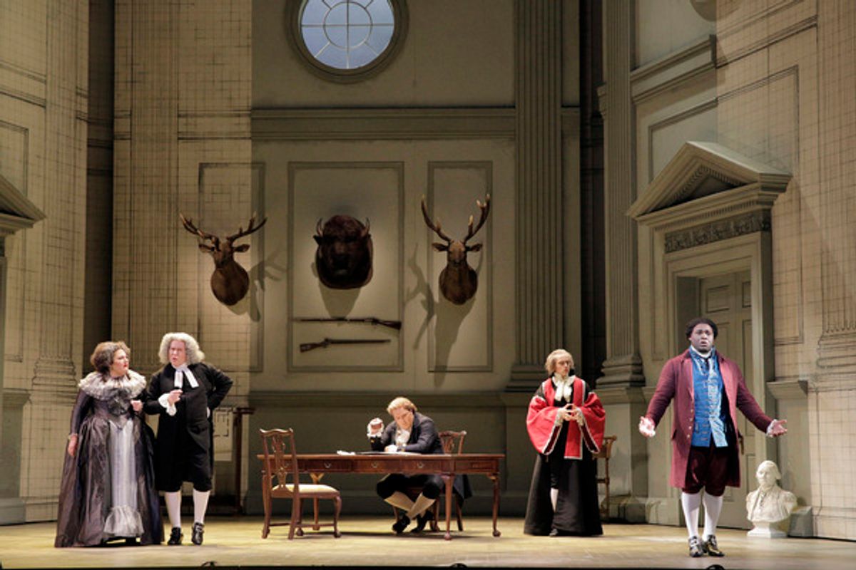 Catherine Cook as Marcellina, James Creswell as Bartolo, Levente MolnÃ¡r as Count Almaviva, Brenton Ryan as Curzio, and Michael Sumuel as Figaro at 