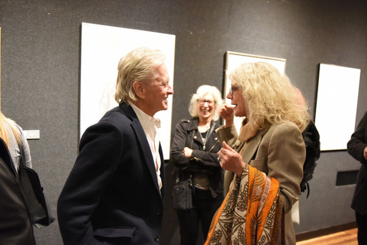 Actors Michael Douglas, Blythe Danner, and Cynthia Adler share a laugh during Joseph Feury''s Fioretti: Through the Window exhibit at the Nation Arts Club. at 