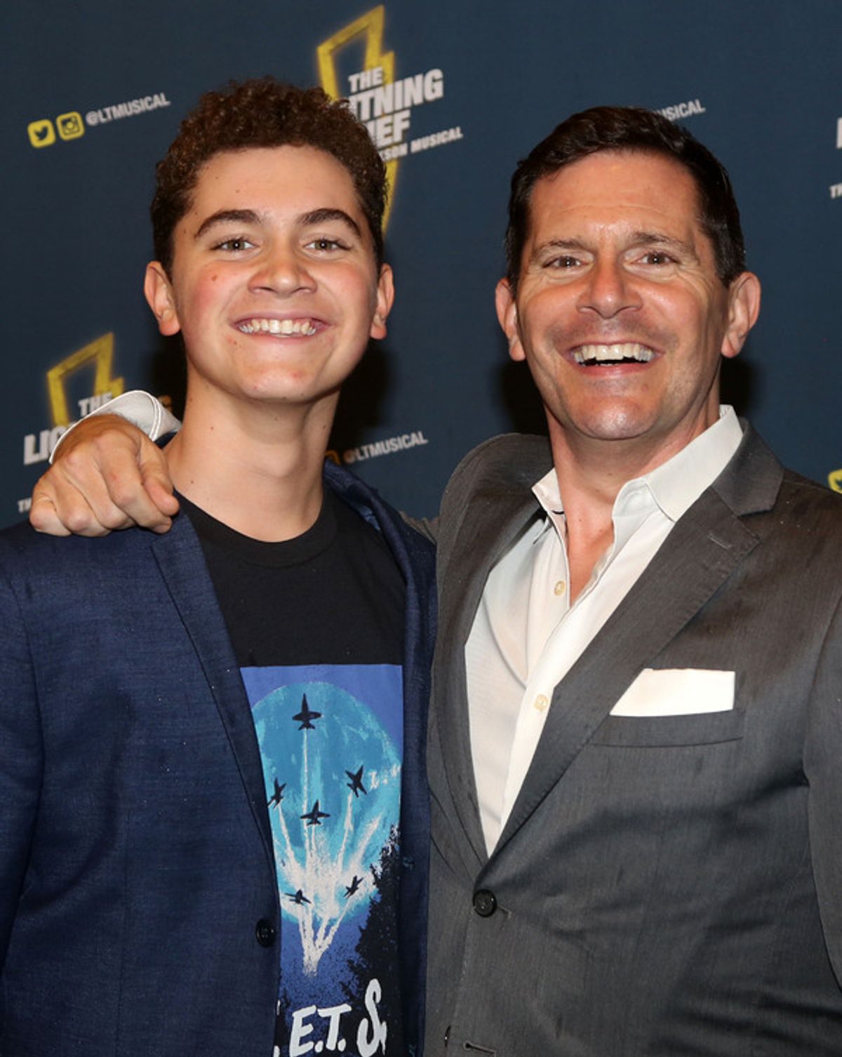 NEW YORK, NY - OCTOBER 16: Hudson Flynn and Peter Flynn pose at the opening night of the new musical based on the film 'The Lightning Thief: The Percy Jackson Musical' on Broadway at The Longacre Theatre on October 16, 2019 in New York City (Photo by Bruce Glikas/WireImage) at 