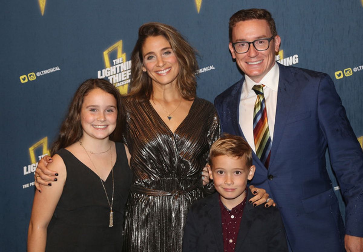 NEW YORK, NY - OCTOBER 16: Elena Shaddow Harrington, husband Producer/Managing Director of Theatreworks USA Michael Harrington and kids pose at the opening night of the new musical based on the film 'The Lightning Thief: The Percy Jackson Musical' on Broadway at The Longacre Theatre on October 16, 2019 in New York City (Photo by Bruce Glikas/WireImage) at 
