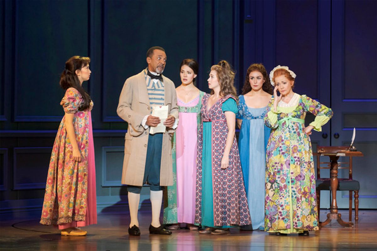 From L-R: Delphi Borich (Lydia Bennet), Clifton Davis (Mr. Bennet), Manna Nichols (Jane Bennet), Katie Dixon (Kitty Bennet), Olivia Hernandez (Elizabeth Bennet), and Michele Ragusa (Mrs. Bennet) in Austen's Pride - Photo Credit Tracy Martin

 at 