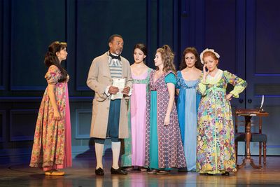 From L-R: Delphi Borich (Lydia Bennet), Clifton Davis (Mr. Bennet), Manna Nichols (Ja Photo