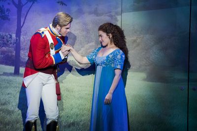 From L-R: Delphi Borich (Lydia Bennet), Clifton Davis (Mr. Bennet), Manna Nichols (Ja Photo