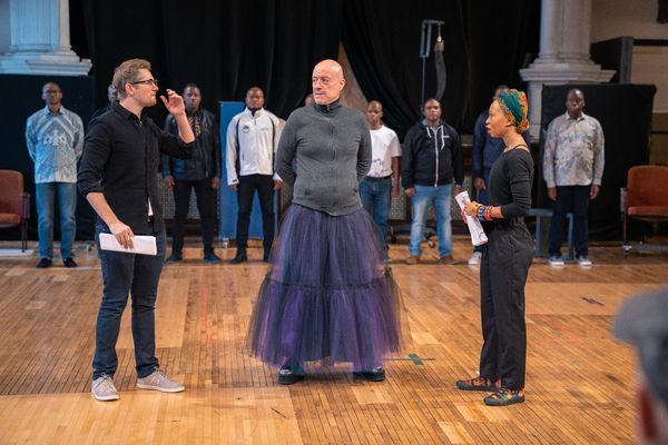 Erik Hellman (Adam), ensemble member Yasen Peyankov (Keeper) and Nondumiso Tembe (Lin Photo