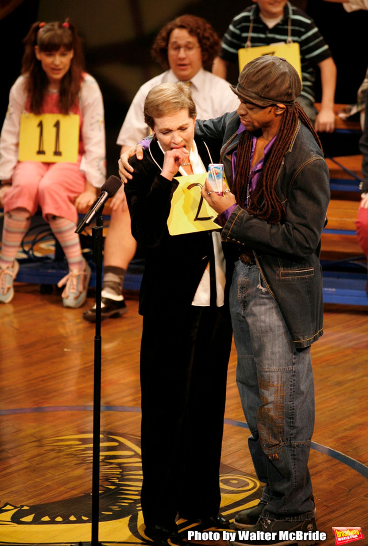 Julie Andrews and Derrick Baskin during Kid's Night On Broadway, join the gang at THE 25th ANNUAL PUTNAM COUNTY SPELLING BEE on stage as guest spellers at The Circle In The Square Theatre in New York City.
 ( pictured: Julie Andrews & Derrick Baskin )
January 30, 2007

 at 