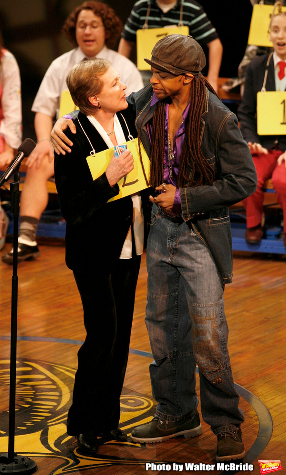 Julie Andrews and her daughter Emma Walton Hamilton, National Ambassadors for Kid's Night On Broadway, join the gang at THE 25th ANNUAL PUTNAM COUNTY SPELLING BEE on stage as guest spellers at The Circle In The Square Theatre in New York City.
 ( pictured: Julie Andrews & Derrick Baskin )
January 30, 2007 at 
