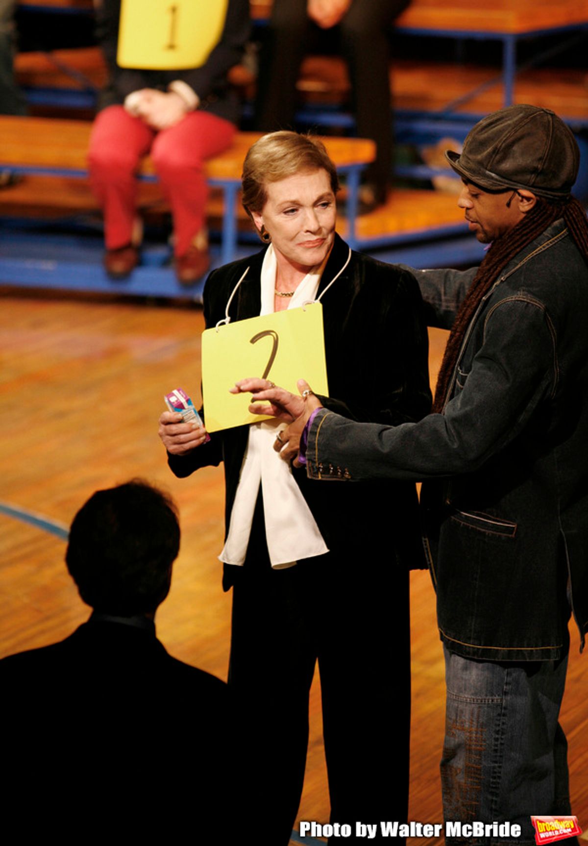 Julie Andrews and her daughter Emma Walton Hamilton, National Ambassadors for Kid's Night On Broadway, join the gang at THE 25th ANNUAL PUTNAM COUNTY SPELLING BEE on stage as guest spellers at The Circle In The Square Theatre in New York City.
 ( pictured: Julie Andrews & Derrick Baskin )
January 30, 2007 at 