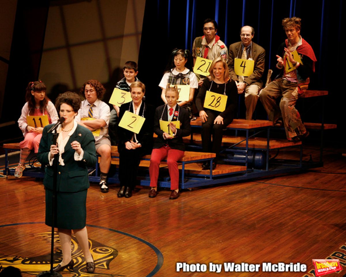 Julie Andrews and her daughter Emma Walton Hamilton, National Ambassadors for Kid's Night On Broadway, join the gang at THE 25th ANNUAL PUTNAM COUNTY SPELLING BEE on stage as guest spellers at The Circle In The Square Theatre in New York City.
( pictured with the cast featuring: Lisa Howard, Jessica-Snow Wilson, Jared Gertner, Julie Andrews, Sarah Saltzberg, Deborah S. Craig, Emma Walton Hamilton, Derrick Baskin, Jose Llana, Greg Stuhr & 
Barrett Foa )
January 30, 2007 at 