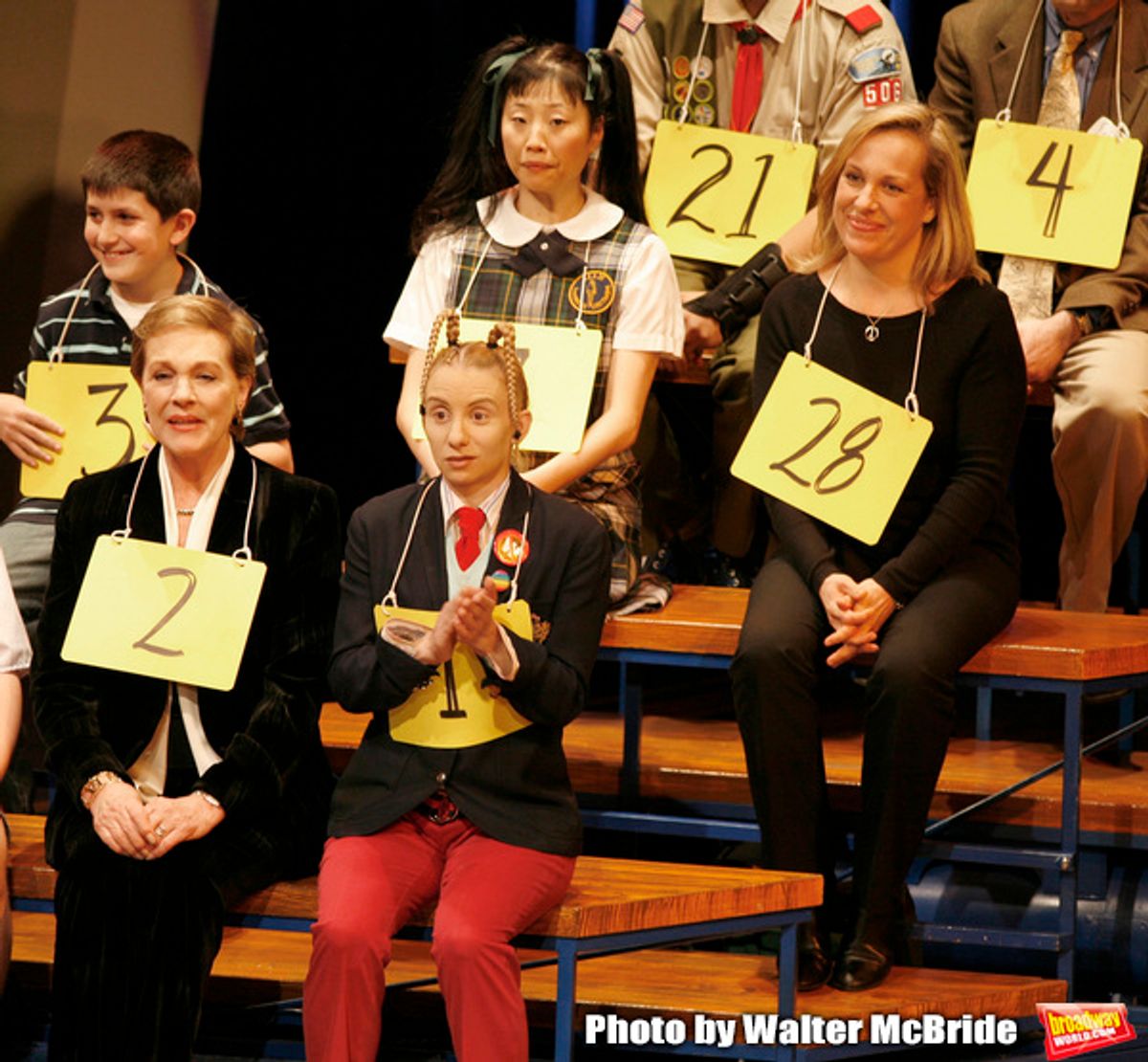 Julie Andrews and her daughter Emma Walton Hamilton, National Ambassadors for Kid's Night On Broadway, join the gang at THE 25th ANNUAL PUTNAM COUNTY SPELLING BEE on stage as guest spellers at The Circle In The Square Theatre in New York City.
(pictured Jared Gertner, Julie Andrews, Sarah Saltzberg, Deborah S. Craig & Emma Walton Hamilton)
January 30, 2007 at 