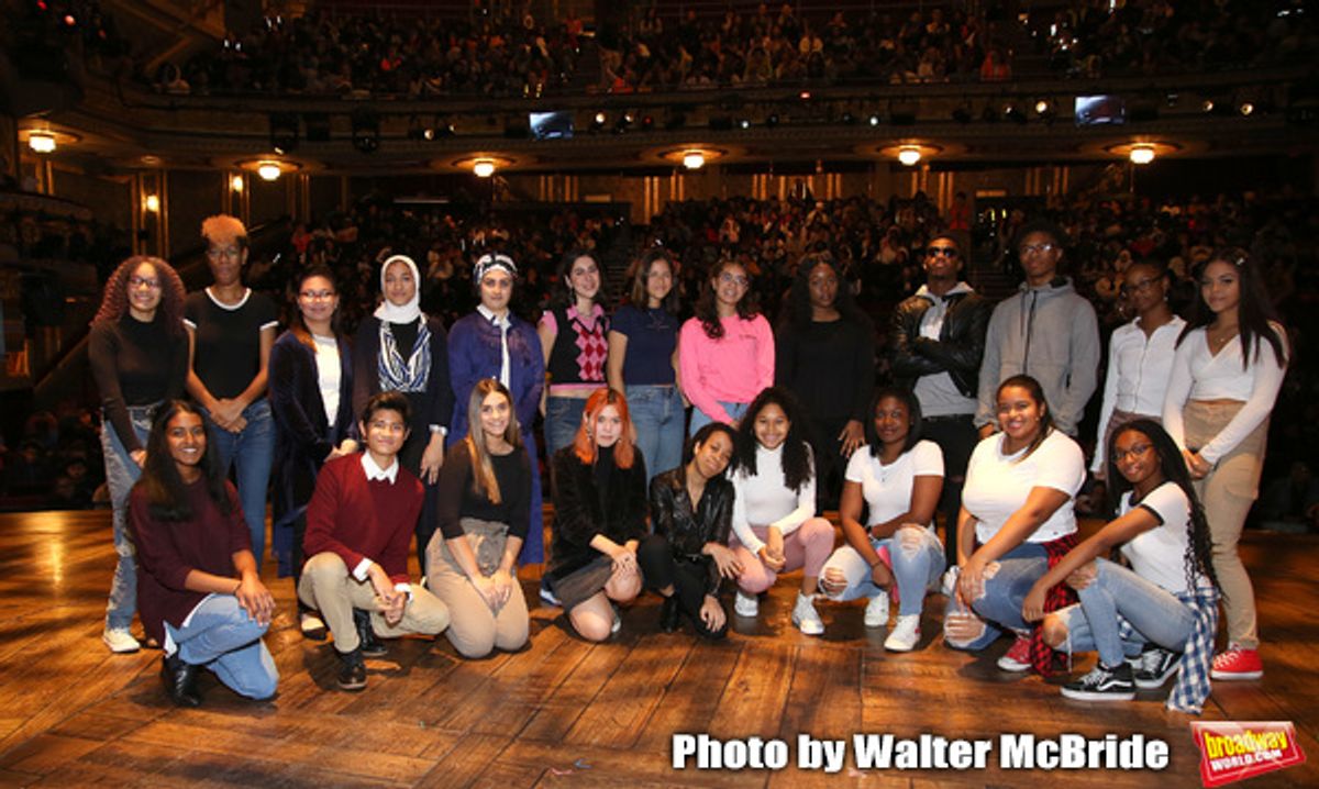 Student performers during the eduHAM Q & A before The Rockefeller Foundation and The Gilder Lehrman Institute of American History sponsored High School student #EduHam matinee performance of 'Hamilton' at the Richard Rodgers Theatre on October 30, 2019 in New York City. at 