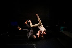 River (Sarah Elizabeth Grace) and Jack (Ryan Desaulniers) sparring in The Regime is F Photo