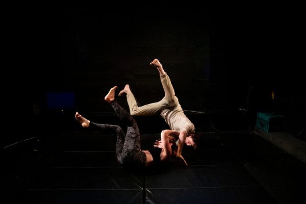 River (Sarah Elizabeth Grace) and Jack (Ryan Desaulniers) sparring in The Regime is F Photo