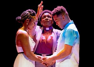 The Friar (Darlene Hope, at center), Juliet (Brittany Bellizeare) and Romeo (Edgar Miguel Sanchez) @ BroadwayWorld The Friar (Darlene Hope, at center), Juliet (Brittany Bellizeare) and Romeo (Edgar Mi Photo