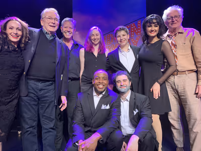 Bob Mackie and Jack Viertel and the cast of Forbidden Broadway: The Next Generation. Photo