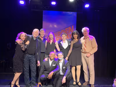 Bob Mackie and Jack Viertel and the cast of Forbidden Broadway: The Next Generation.  Photo