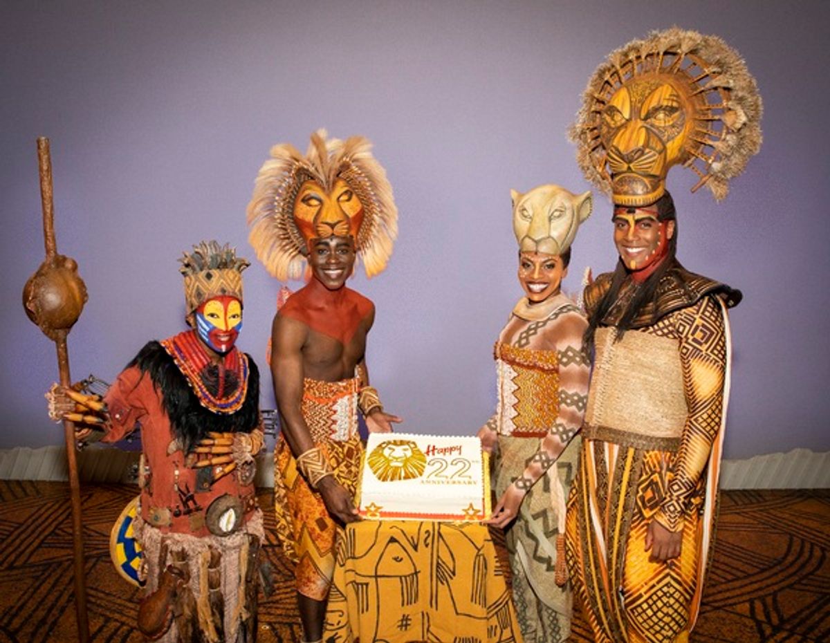 Nteliseng Nkhela as Rafiki, Bradley Gibson as Simba, Adrienne Walker as Nala and Michael Henry as Mufasa at 