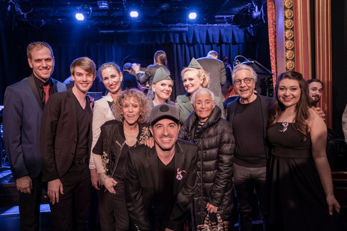 Over Here! leading cast with the shows original creators:
(L-R) Blake Allen( Musical Director), Mark William, Nikka Graff Lanzarone, Carrie Robbins( original costume designer), Jessica Hendy, Will Nunziata, Haley Swindal, Patricia Birch (original choreographer), Ken Waissman ( original producer), Dani Apple at 