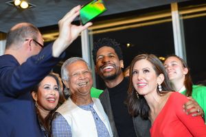 Dominique Dauster, Monica Yunus, Muhammad Yunus, Jon Batiste, and Camille Zamora Photo