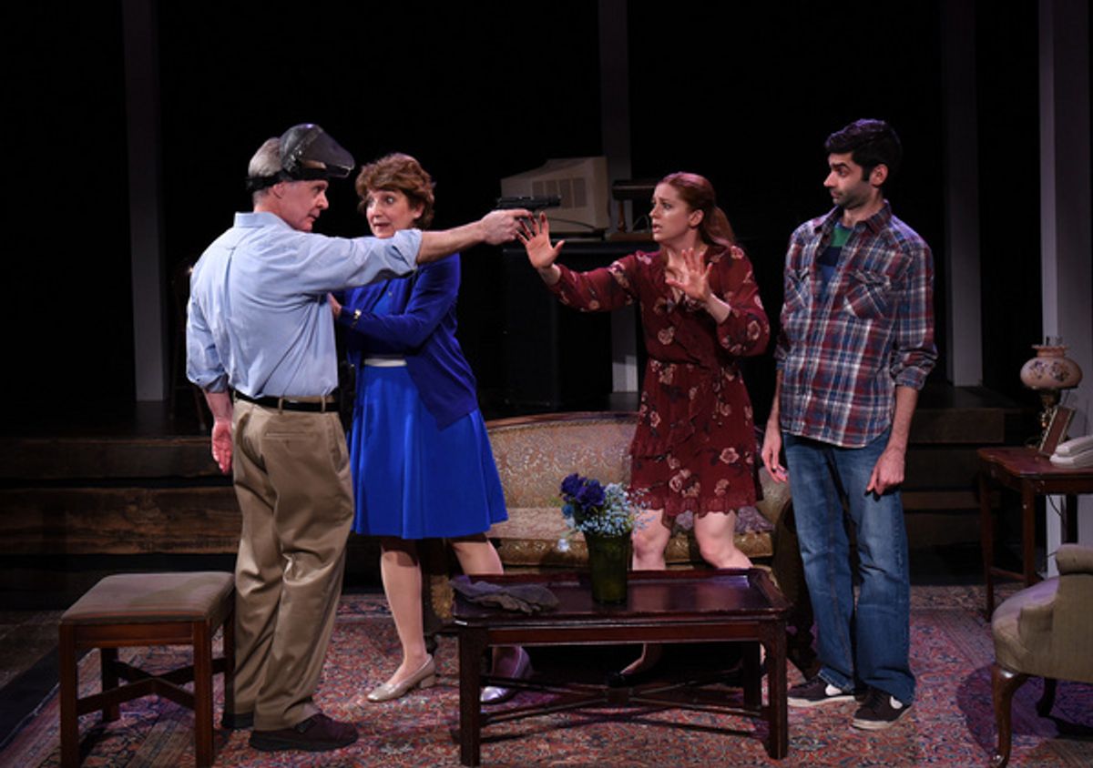 Felicity (Tracey Green) takes her new husband, Zamir (Siddhartha Rajan) to meet her parents, Leonard (Patrick Thornton) and Luella (Elaine Carlson) in Eclipse Theatre''s production of ?Why Torture is W at 
