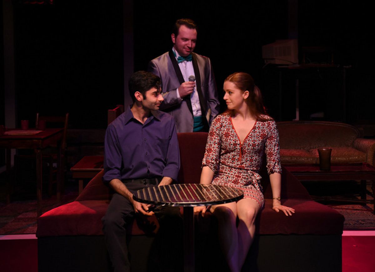 Zamir (Siddhartha Rajan) and Felicity (Tracey Green) enjoy a moment of happiness while the Narrator (Devon Nimerfroh) looks on in Eclipse Theatre''s production of ?Why Torture is Wrong, and the People  at 