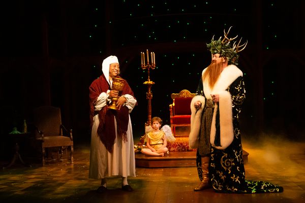 David Rainey as Scrooge and Josh Morrison as Spirit  Photo