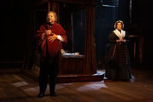 David Rainey as Scrooge and David Matranga as Mrs. Dilber Photo