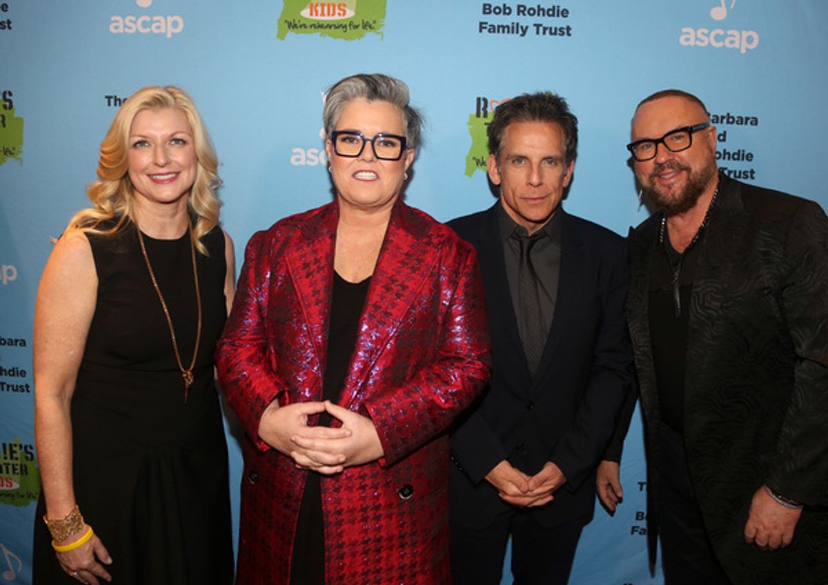 NEW YORK, NEW YORK - NOVEMBER 18:(L-R) Honoree ASCAP's Beth Matthews, Rosie O'Donnell, Honoree Ben Stiller and Desmond Child pose at the 2019 Rosie's Theater Kids Fall Gala at The New York Marriott Marquis on November 18, 2019 in New York City. (Photo by Bruce Glikas/WireImage) at 