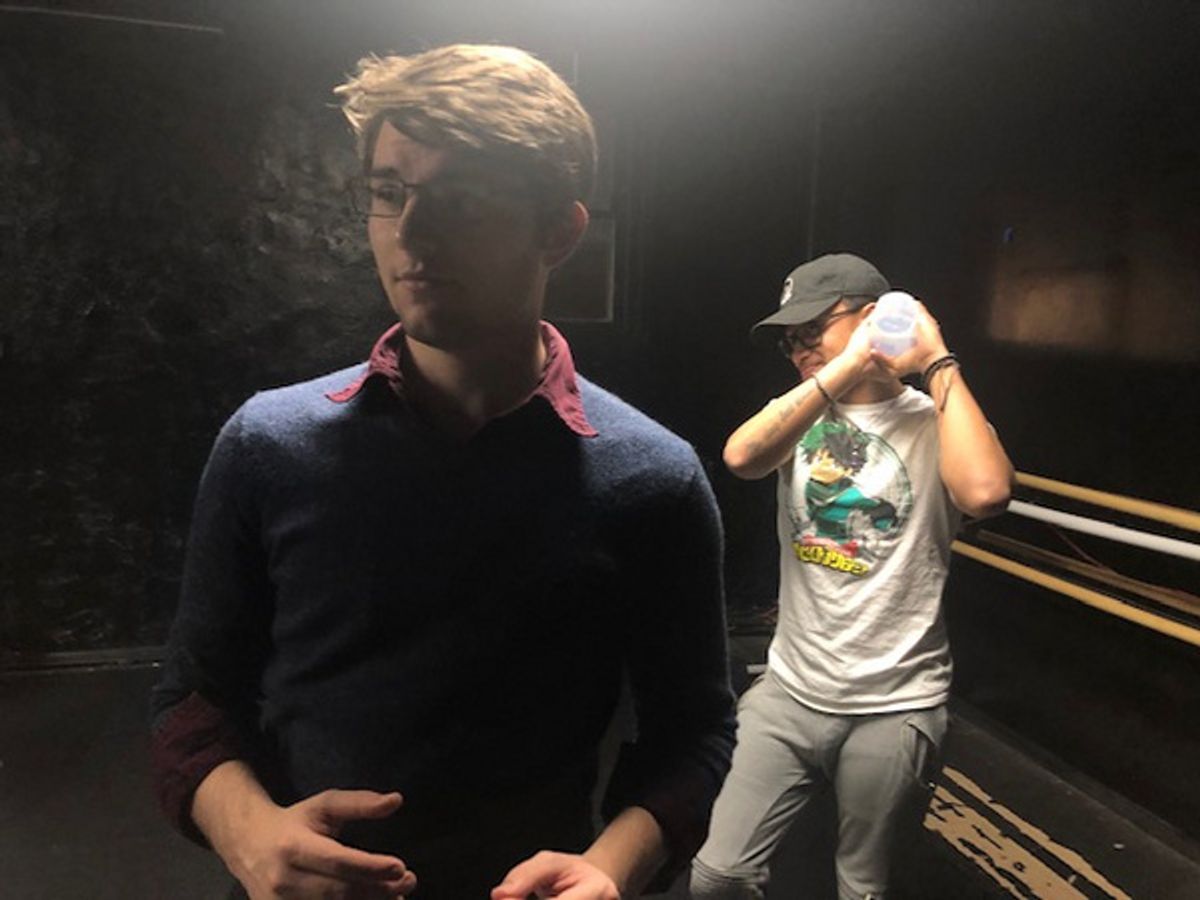 Zach Holden (Steve) and Darren Cementina (the bartender) rehearsing Good Morning New York''s Dim The Lights at 