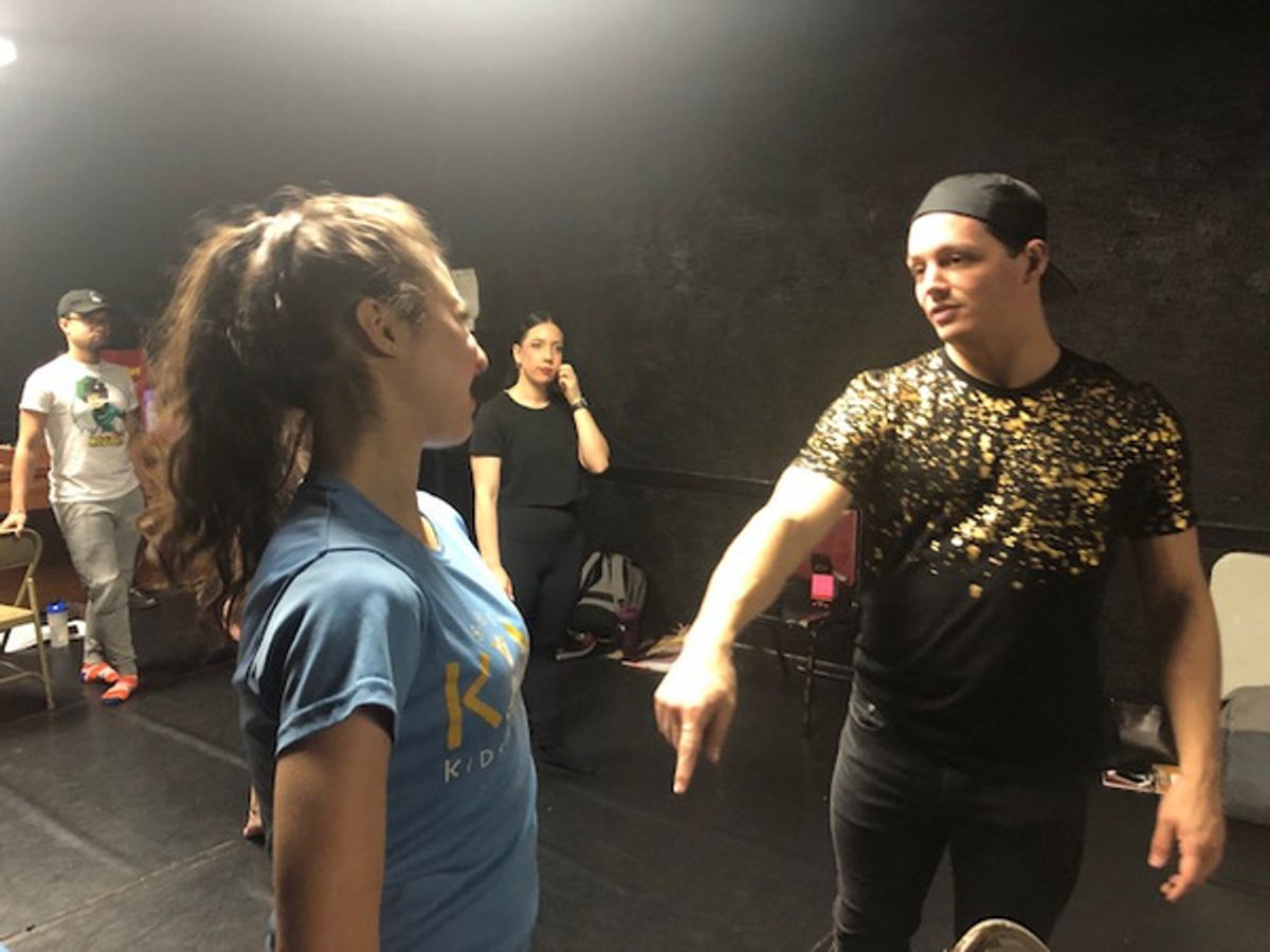 Choreographer Daniel Gold giving Lexi Rosenblum tap tips at dance rehearsal for Off-Broadway''s Dim The Lights. at 