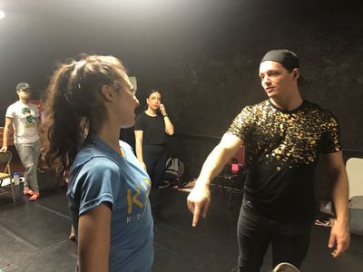 Choreographer Daniel Gold giving Lexi Rosenblum tap tips at dance rehearsal for Off-B Photo