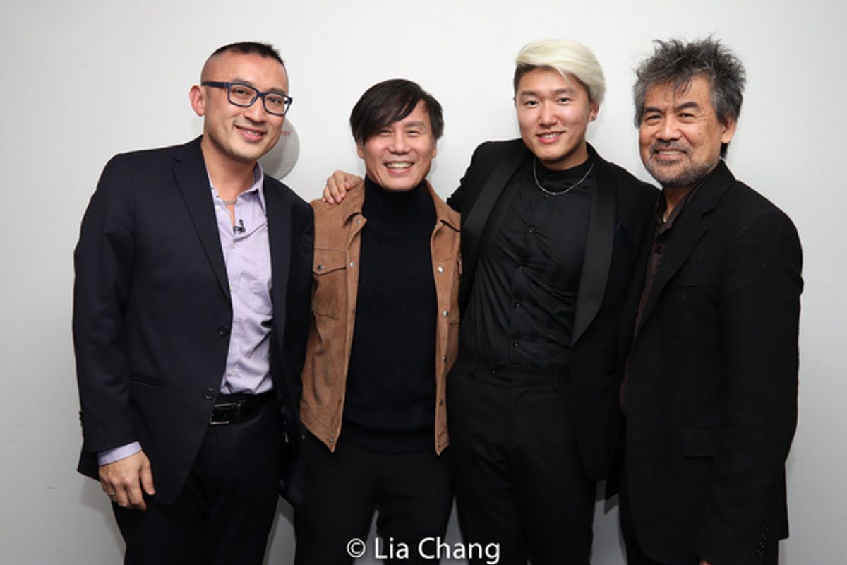 M. BUTTERFLY composer Huang Ruo (left) and librettist David Henry Hwang (right) with BD Wong, recipient of the Tony Award for his portrayal of Song Liling in the Broadway production, and the counterte at 