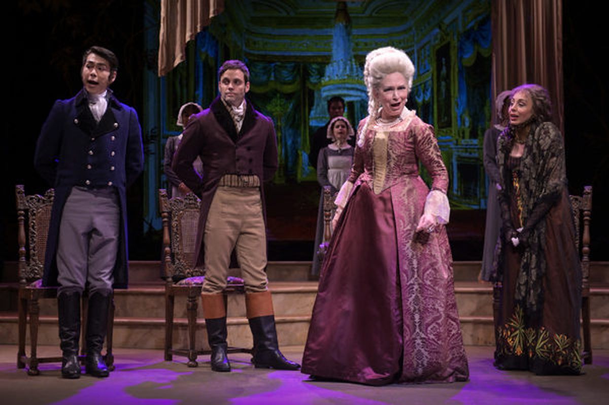 Colonel Fitzwilliam (Sean Fenton), Mr. Darcy (Justin Mortelliti), Lady Catherine de Bourgh (Lucinda Hitchcock Cone), and Anne de Bourgh (Monique Hafen Adams) at 