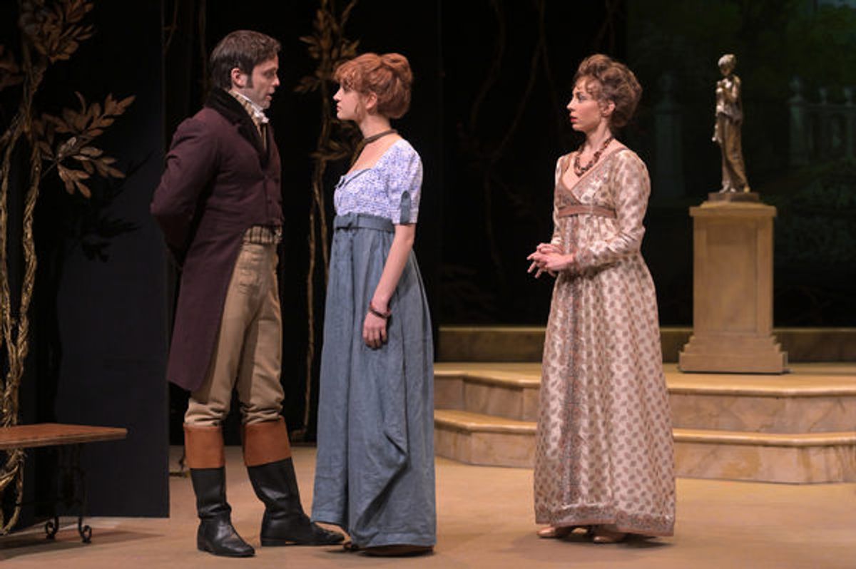 Mr. Darcy (Justin Mortelliti), Elizabeth (Mary Mattison), Caroline Bingley (Monique Hafen Adams) at 