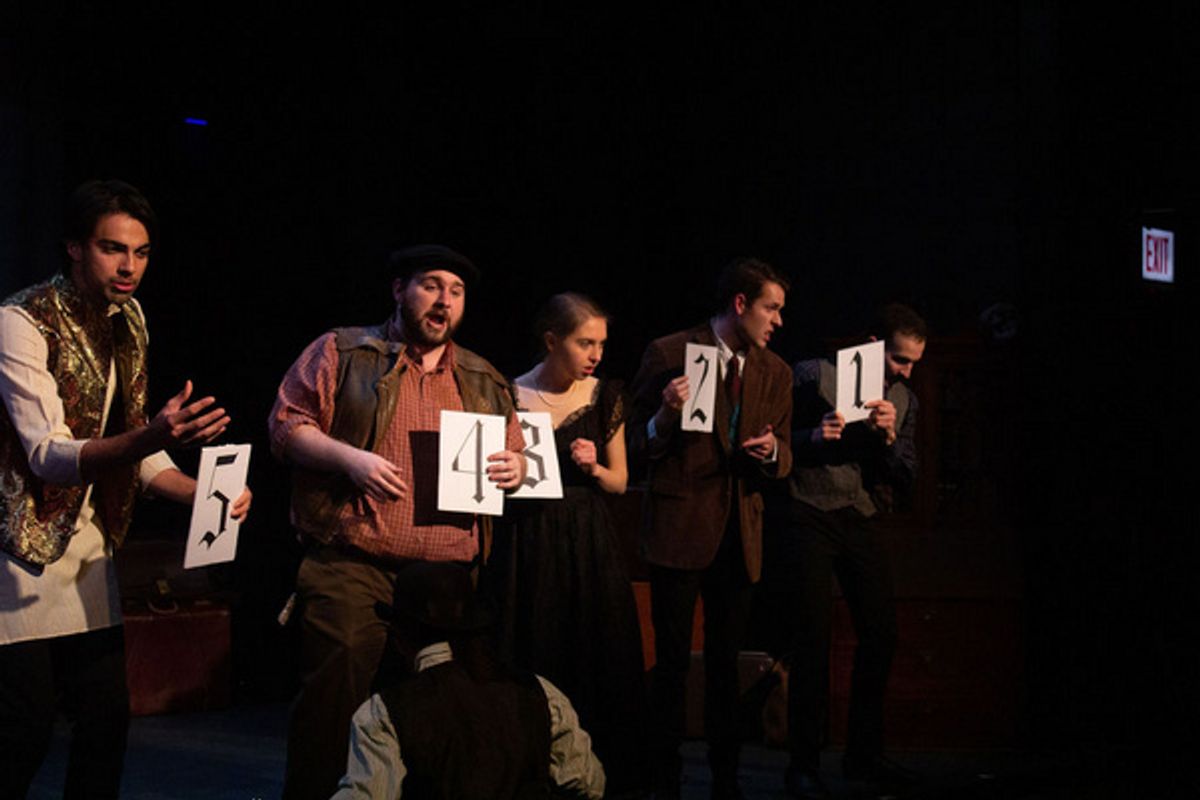 Neville Landless (Nathan Karnik), Durdles (Aaron Mann), Rosa Bud (Phoebe Moore), Bazzard (Brian Warner) and John Jasper (Chase Heinemann) make their case for being voted the murderer at 