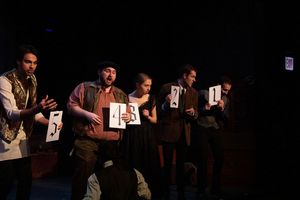 Neville Landless (Nathan Karnik), Durdles (Aaron Mann), Rosa Bud (Phoebe Moore), Bazzard (Brian Warner) and John Jasper (Chase Heinemann) make their case for being voted the murderer @ BroadwayWorld Neville Landless (Nathan Karnik), Durdles (Aaron Mann), Rosa Bud (Phoebe Moore), Bazz Photo