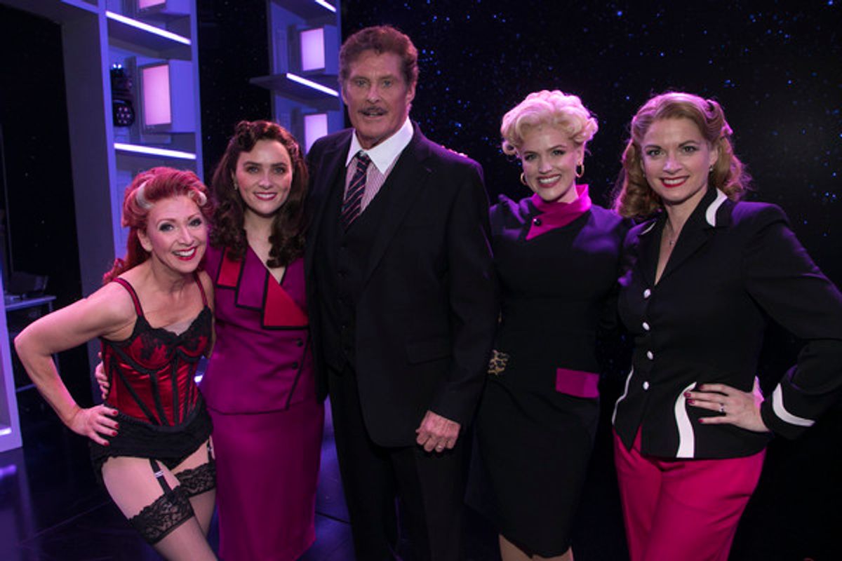 Bonnie Langford (Roz Keith), Chelsea Halfpenny (Judy Bernly), David Hasselhoff (Franklin Hart Jr), Natalie McQueen (Doralee Rhodes) and Caroline Sheen (Violet Newstead) backstage at 