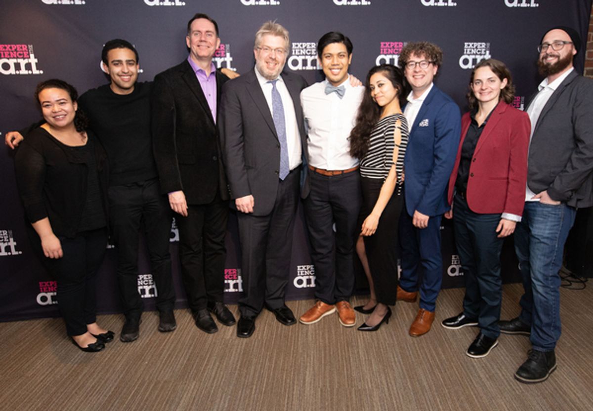 L-RL Skye Dearborn (Trombone), Lev Mamuya (Cello), Robert Shultz (Drums/Percussion), Dave Malloy (Music, Lyrics, Book, and Orchestrations), J. Oconer Navarro (Conductor/Piano), Marissa Licata (Violin), Jason Fisher (Music Contractor/Viola), Lizzie Burns (Bass), Austin Yancey (Alto & Soprano Saxophone/Flute) Absent: Paul Mardy (Tenor Saxophone/Flute) at 