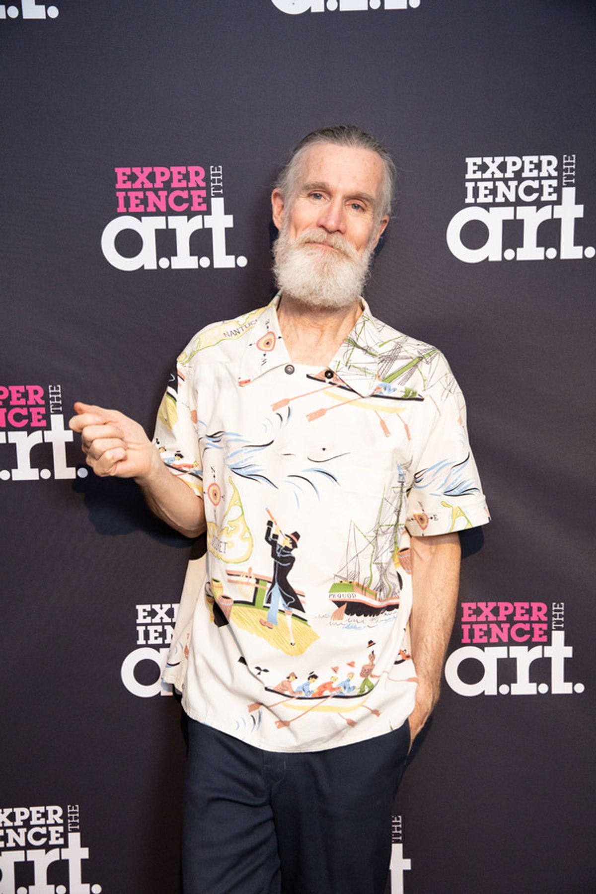 Tom Nelis (Ahab) in a shirt that features The Pequod at 