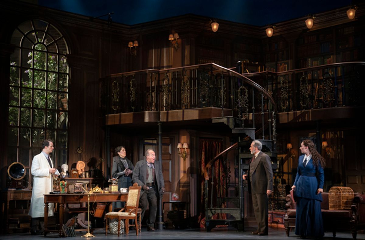 Laird Mackintosh as Professor Henry Higgins, Gayton Scott as Mrs. Pearce, Adam Grupper as Alfred P. Doolittle, Kevin Pariseau as Colonel Pickering and Shereen Ahmed as Eliza Doolittle in The Lincoln Center Theater Production of Lerner & Loeweâ€™s MY FAIR LADY at 