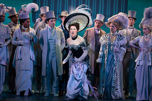 (center) Sam Simahk as Freddy Eynsford-Hill, Shereen Ahmed as Eliza Doolittle, Kevin  Photo
