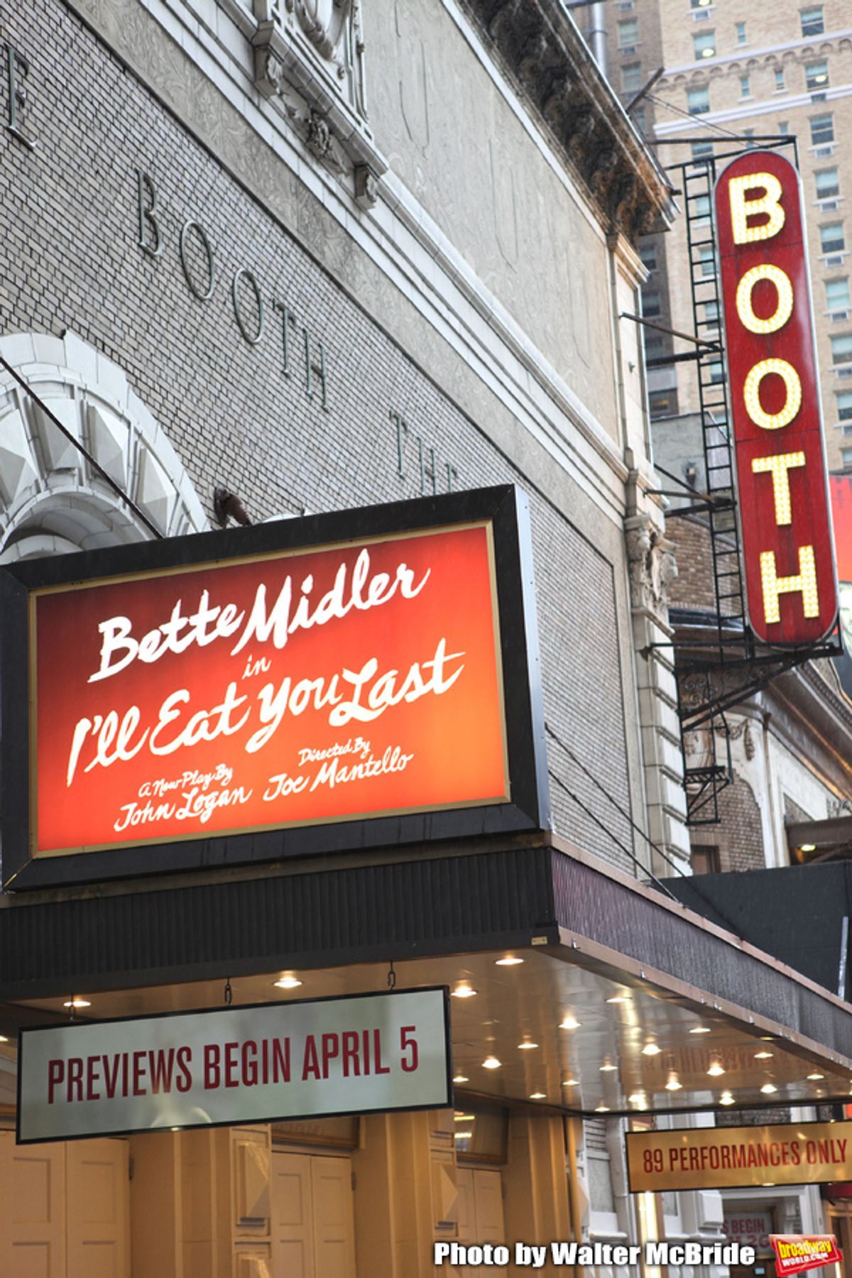 Theatre Marquee  for Bette Midler starring in 'I'll Eat You Last: A Chat with Sue Mengers' at the Booth Theatre in New York City. 3/25/2013. Sue Mengers (Bette Midler) was an American original. She was the first female 'superagent' at a time when women talent agents of any kind were almost unheard of. She came from near poverty, a refugee from Hitler's Germany, and worked her way up through pluck, charm, and a legendary wit. In that uniquely American way, she invented herself; and when the career she wanted didn't exist, she invented that as well  'Superagent.' It was a term Hollywood all but coined for her. By the 1970's, she represented almost every major star in Hollywood and went on to become the town's most renowned hostess. Joe Mantello directs. at 