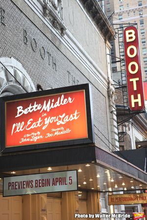 Theatre Marquee for Bette Midler starring in 'I'll Eat You Last: A Chat with Sue Mengers' at the Booth Theatre in New York City. 3/25/2013. Sue Mengers (Bette Midler) was an American original. She was the first female 'superagent' at a time when women talent agents of any kind were almost unheard of. She came from near poverty, a refugee from Hitler's Germany, and worked her way up through pluck, charm, and a legendary wit. In that uniquely American way, she invented herself; and when the career she wanted didn't exist, she invented that as well 'Superagent.' It was a term Hollywood all but coined for her. By the 1970's, she represented almost every major star in Hollywood and went on to become the town's most renowned hostess. Joe Mantello directs. @ BroadwayWorld Theatre Marquee for Bette Midler starring in 'I'll Eat You Last: A Chat with Sue Men Photo