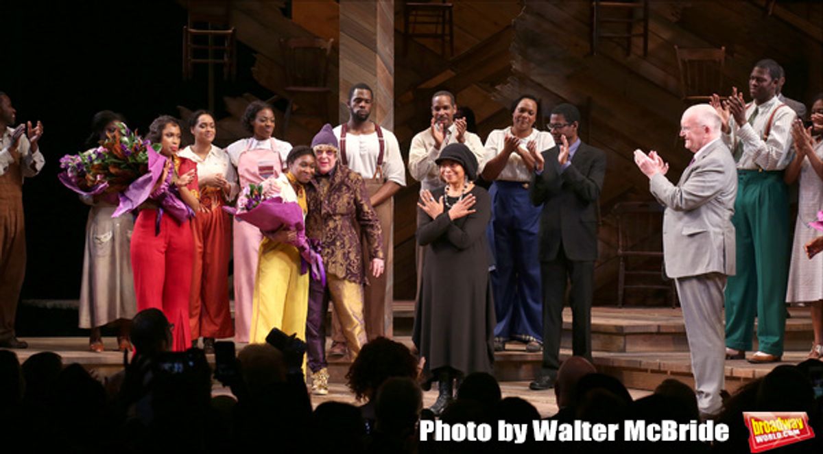 Jennifer Hudson, Cynthia Erivo, Allee Willis, Marsha Norman, Alice Walker, John Doyle with cast during the Broadway Opening Night Performance Curtain Call for 'The Color Purple' at the Bernard B. Jacobs Theatre on December 10, 2015 in New York City. at 