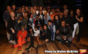 Katie Webber, Adrienne Warren and Daniel J. Watts with cast during the "Tina - The Tina Turner Musical" Legacy Robe honoring Katie Webber at the Lunt-Fontanne Theatre on November 7, 2019 in New York City. @ BroadwayWorld Katie Webber, Adrienne Warren and Daniel J. Watts with cast during the "Tina - The Ti Photo
