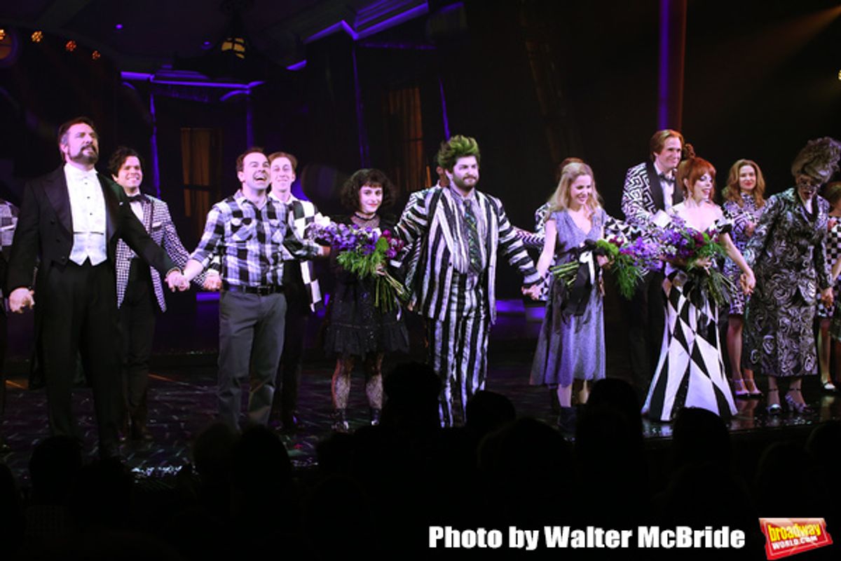 Adam Dannheisser, Rob McClure, Sophia Anne Caruso, Alex Brightman, Kerry Butler, Leslie Kritzer and Jill Abramovitz during the Broadway Opening Night Performance Curtain Call for 'Beetlejuice' at The Winter Garden on April 25, 2019 in New York City. at 