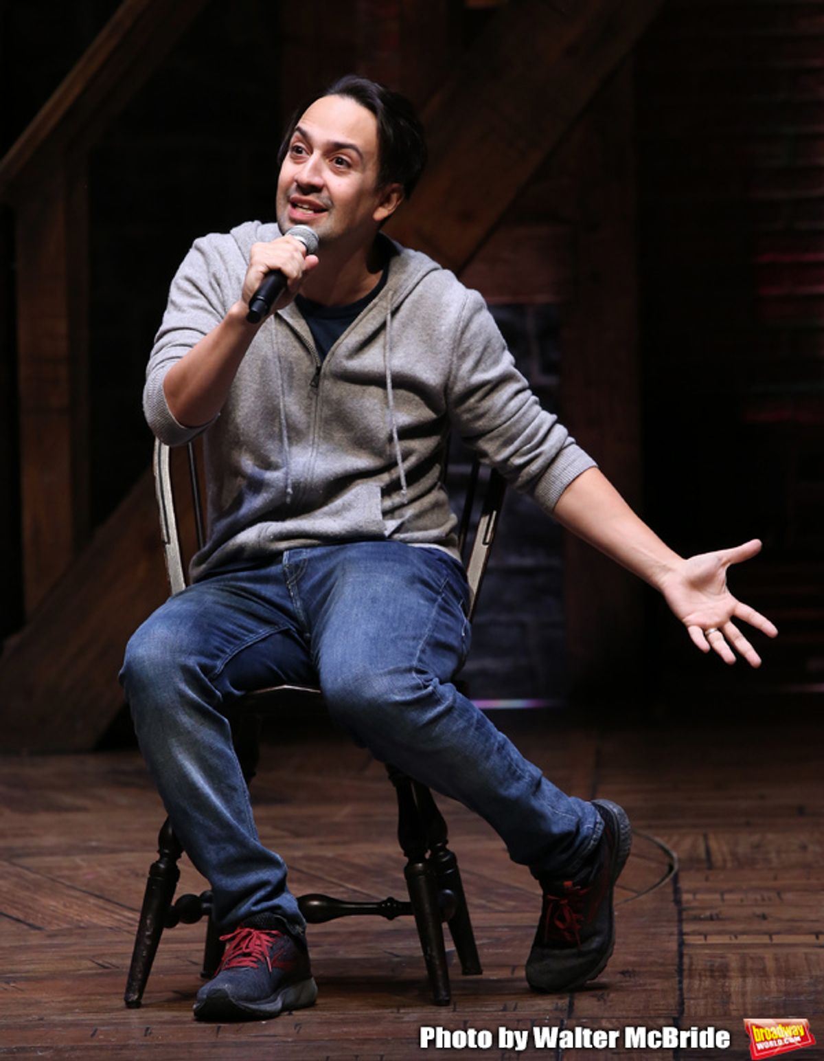 Lin-Manuel Miranda makes a surprise appearance during a Q & A before The Rockefeller Foundation and The Gilder Lehrman Institute of American History sponsored High School student #EduHam matinee performance of 'Hamilton' at the Richard Rodgers Theatre on 3/20/2019 in New York City. at 