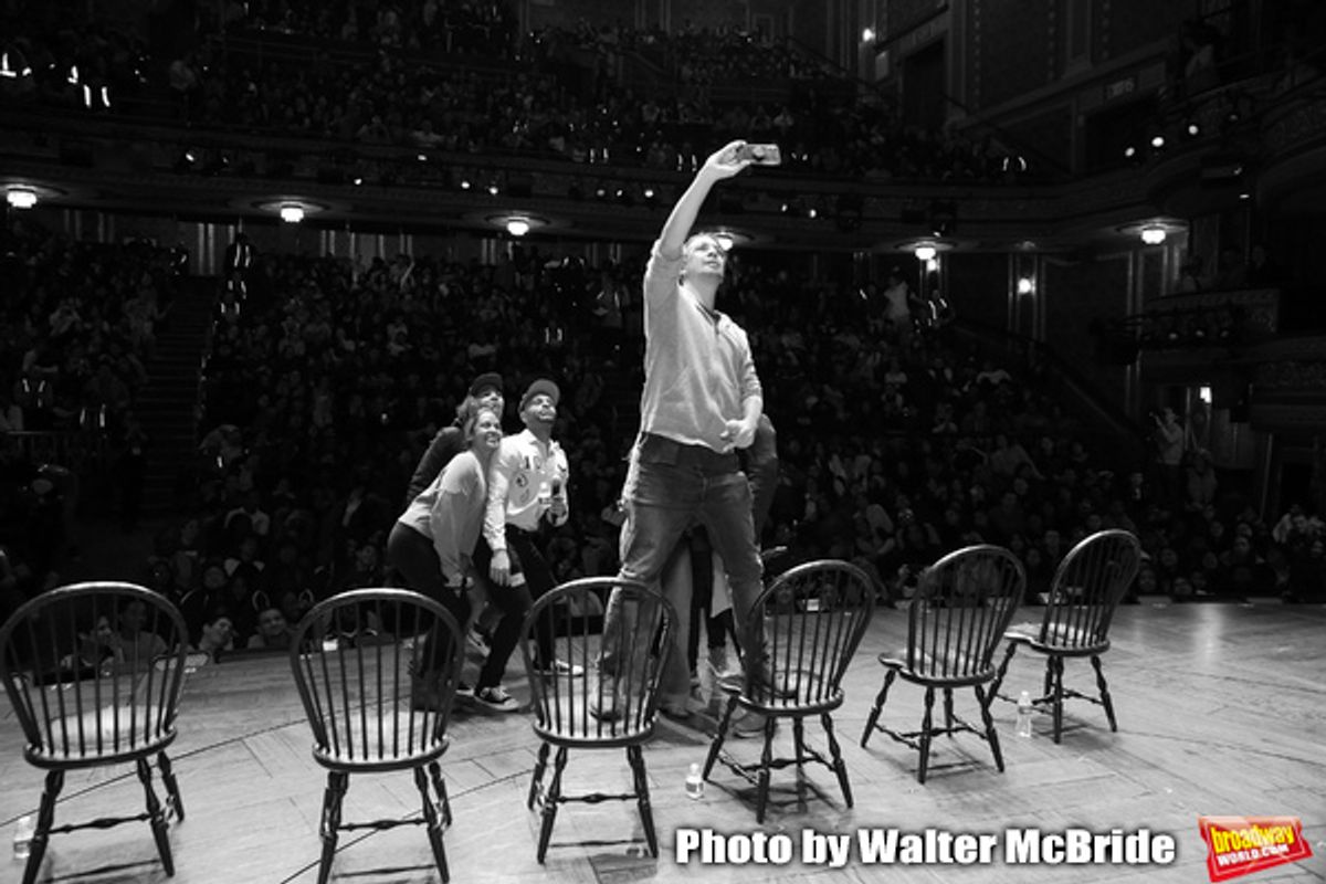 Marc dela Cruz, Elizabeth Judd, Greg Treco, Terrance Spencer, Anthony Lee Medina, Sasha Hollinger with Lin-Manuel Miranda making a surprise appearance during a Q & A before The Rockefeller Foundation and The Gilder Lehrman Institute of American History sponsored High School student #EduHam matinee performance of 'Hamilton' at the Richard Rodgers Theatre on 3/20/2019 in New York City. at 